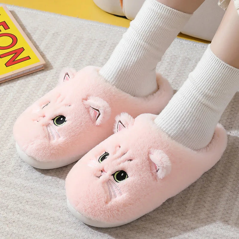 Winter Warm Slipper Women House Fuzzy Cat Cartoon Fur Plush Indoor Lazy Female Thermal Home Shoe Furry Funny Flat flip flop